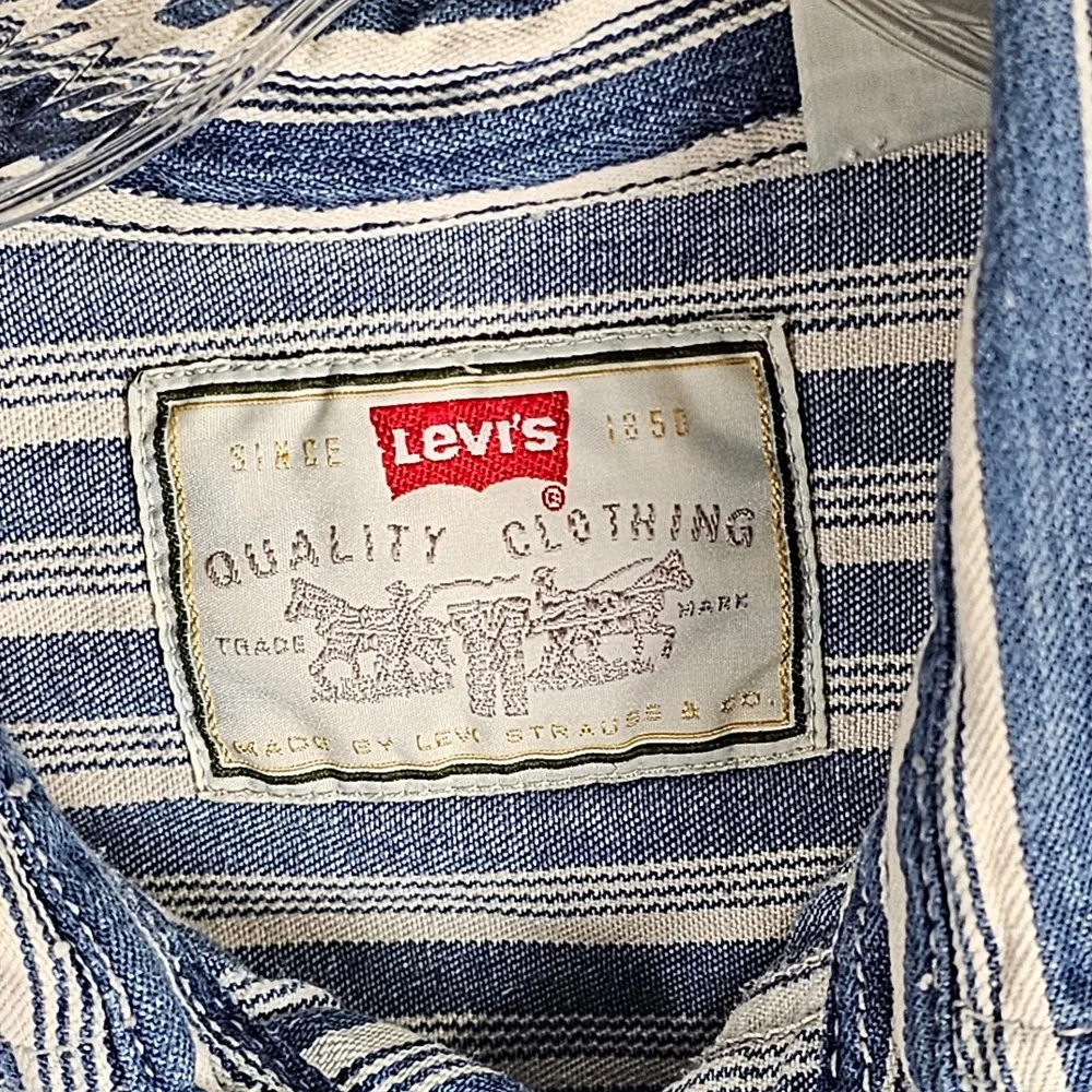 Levi's 90s Button Down Mens L Blue Striped Denim Workwear Long Sleeve Shirt